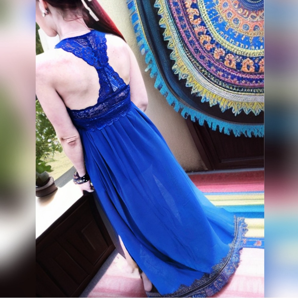 Royal Cobalt Blue Lace Chiffon Double Slit Maxi Dress - Picture 6 of 10